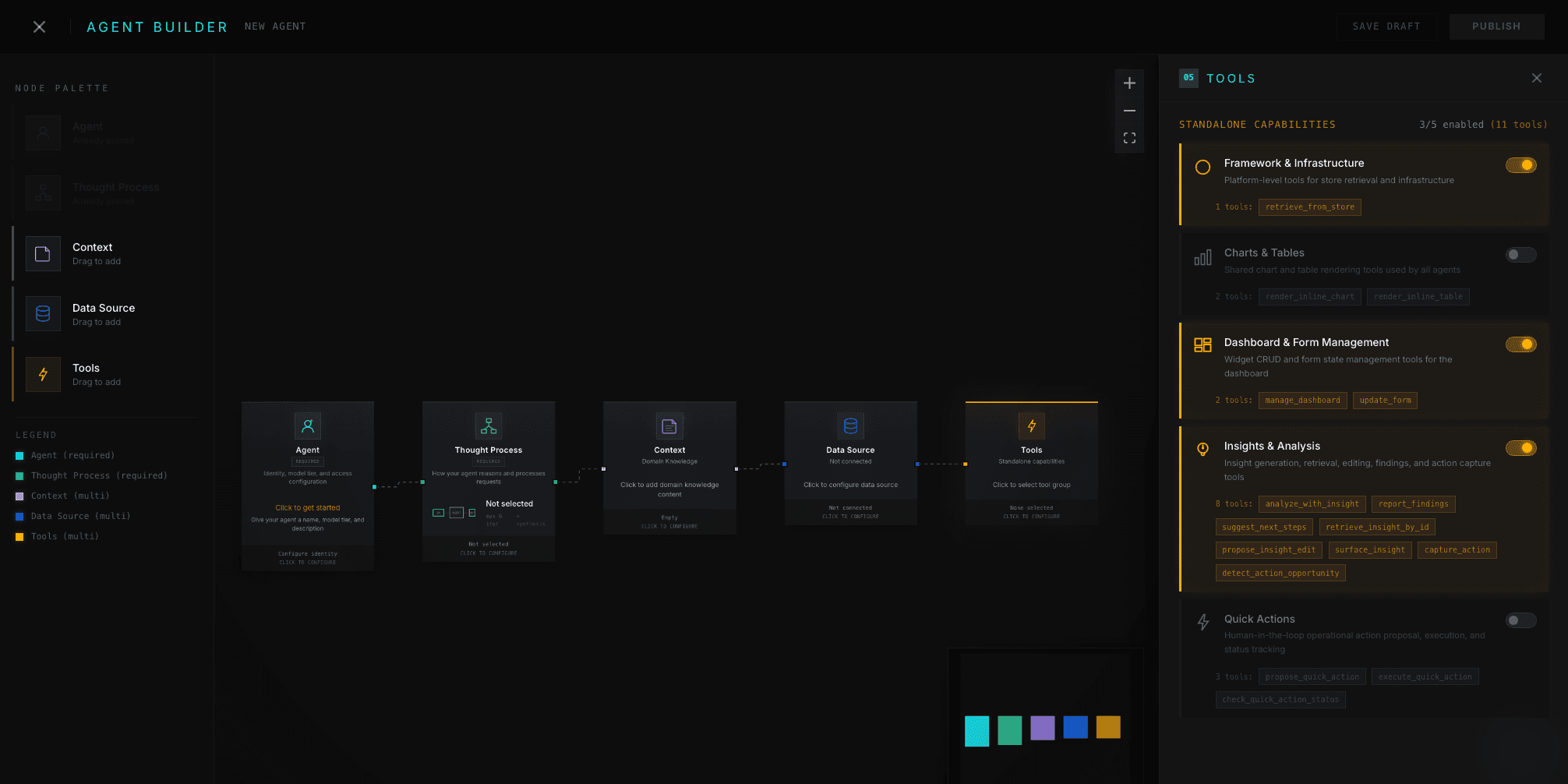 Enterprise Agent Builder tools panel showing reusable capability groups and enabled agent skills