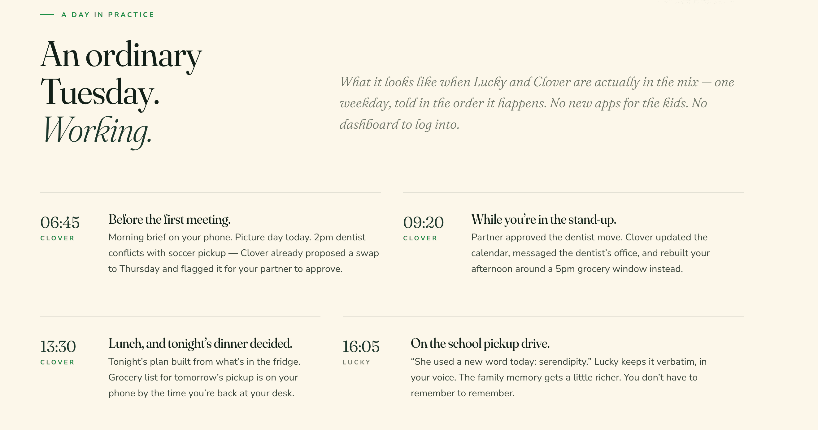 Lucky and Clover day in practice page showing how the family agents handle morning briefs, calendar changes, grocery planning, and family memory