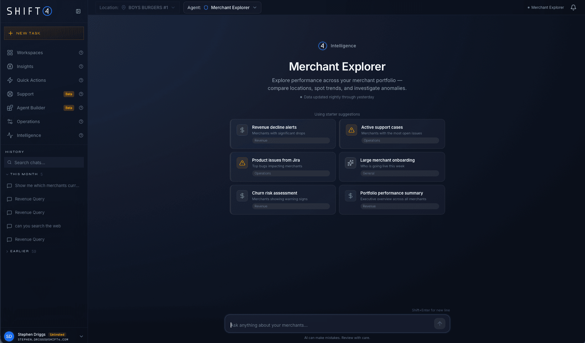 Merchant Explorer landing screen with portfolio starter suggestions and merchant intelligence prompt box